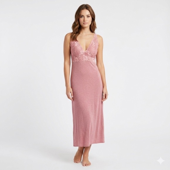 Natori Zen Floral Lace Trim Chemise Nightgown Size XL Pink Cotton Modal Midi - Picture 14 of 14